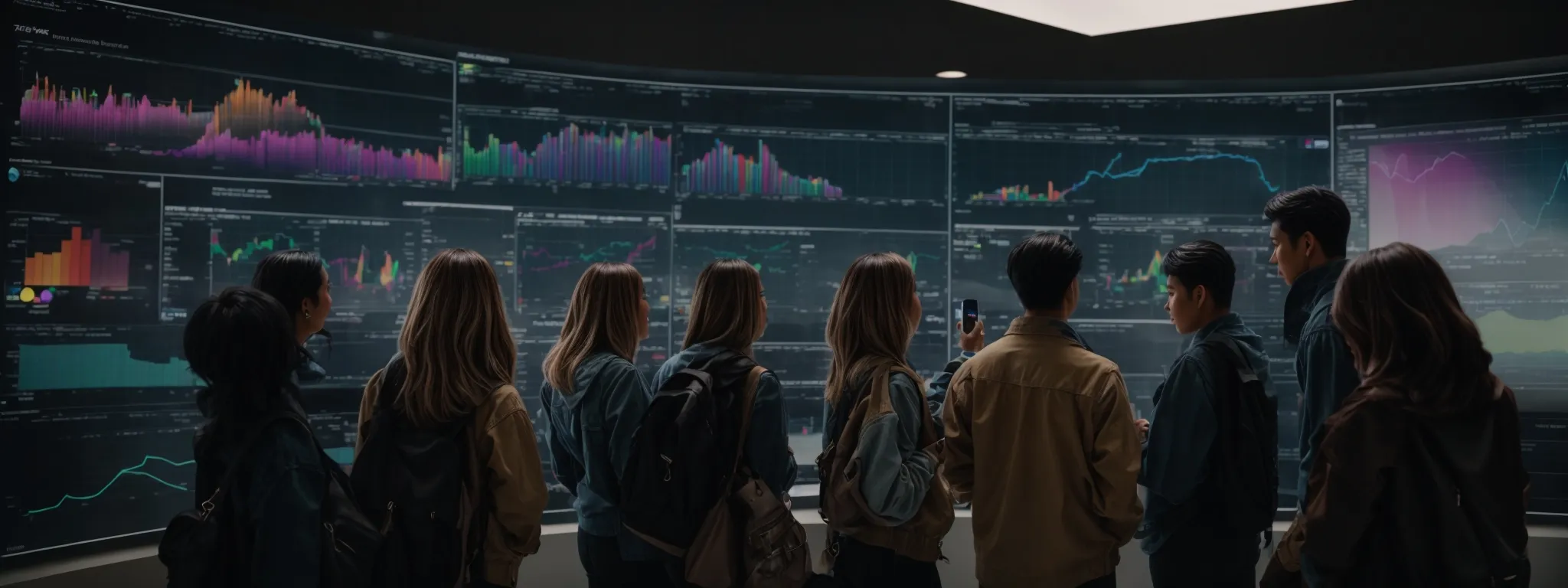 a group of diverse people gather around a large touchscreen displaying colorful graphs and social media icons, discussing strategies.