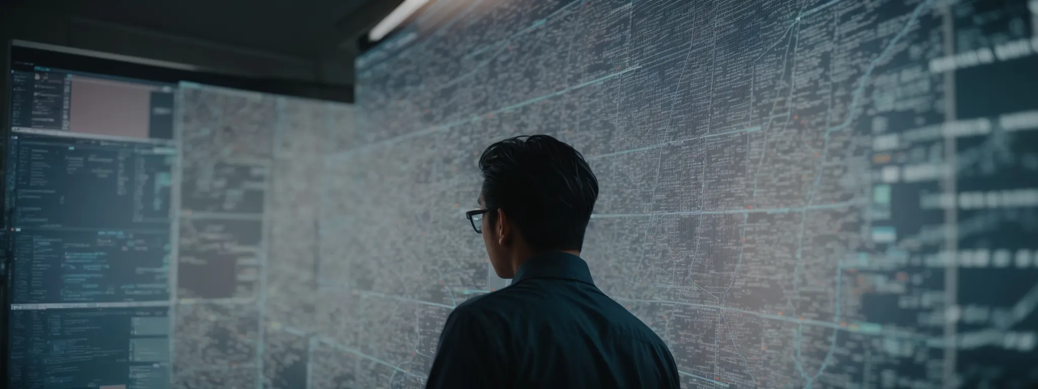 a web developer carefully scrutinizing and optimizing the structure of urls on a large computer screen displaying a website's navigation map.