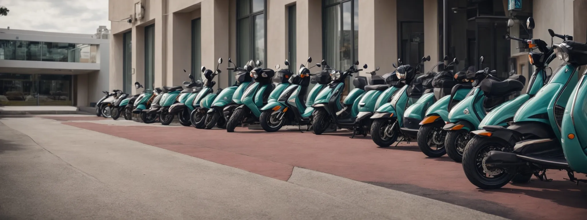 a fleet of electric scooters parked outside a modern hotel, ready for guests to use.