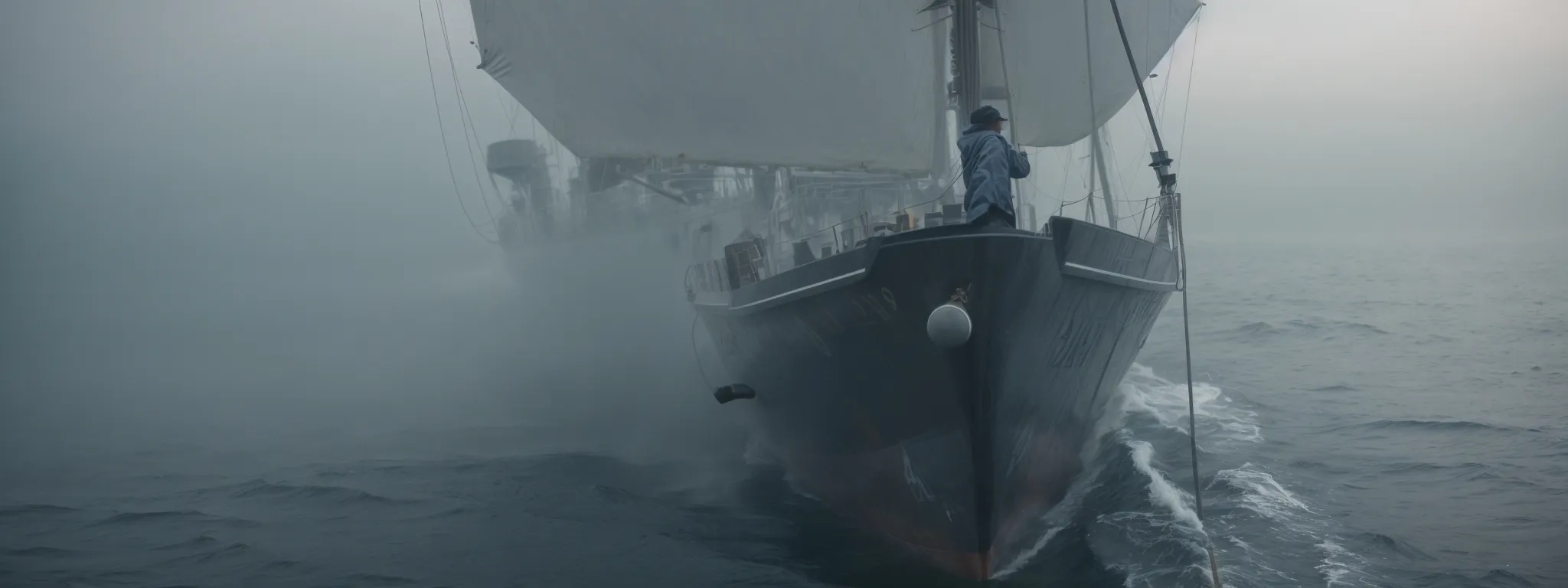 a sailor steering a ship through a dense fog, metaphorically embodying the challenge of navigating through high-competition keywords.