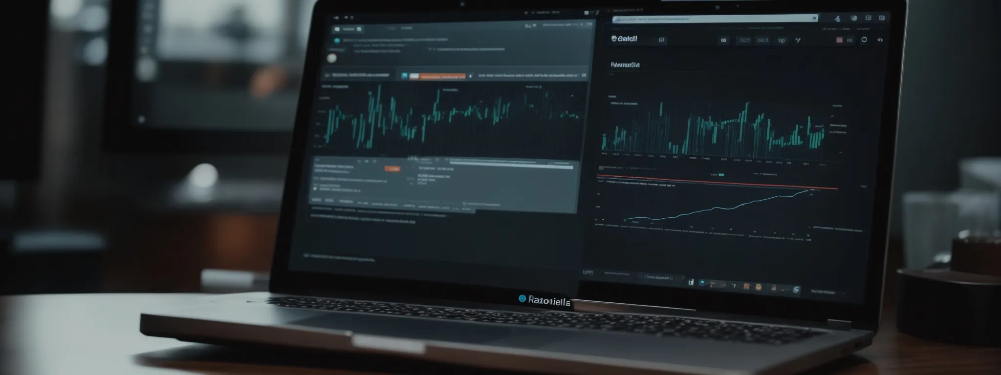 an open laptop displaying analytics on the screen with icons of social media platforms in the background.