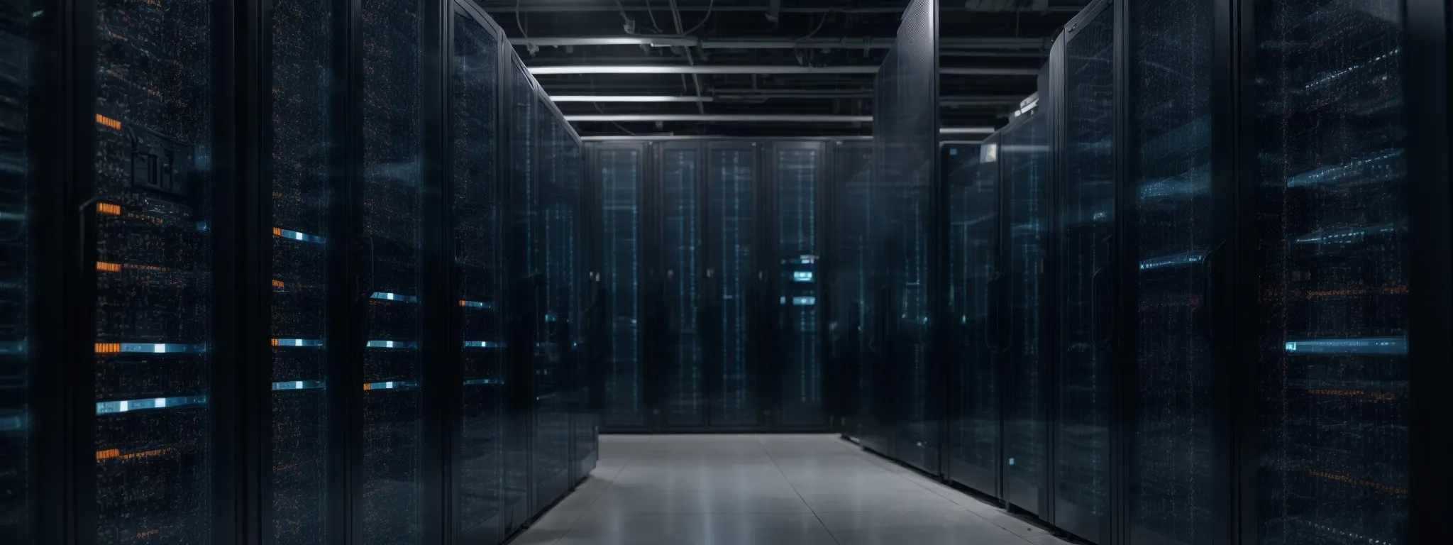 a row of secured server racks in a data center with a map pinpointing different countries in the background.