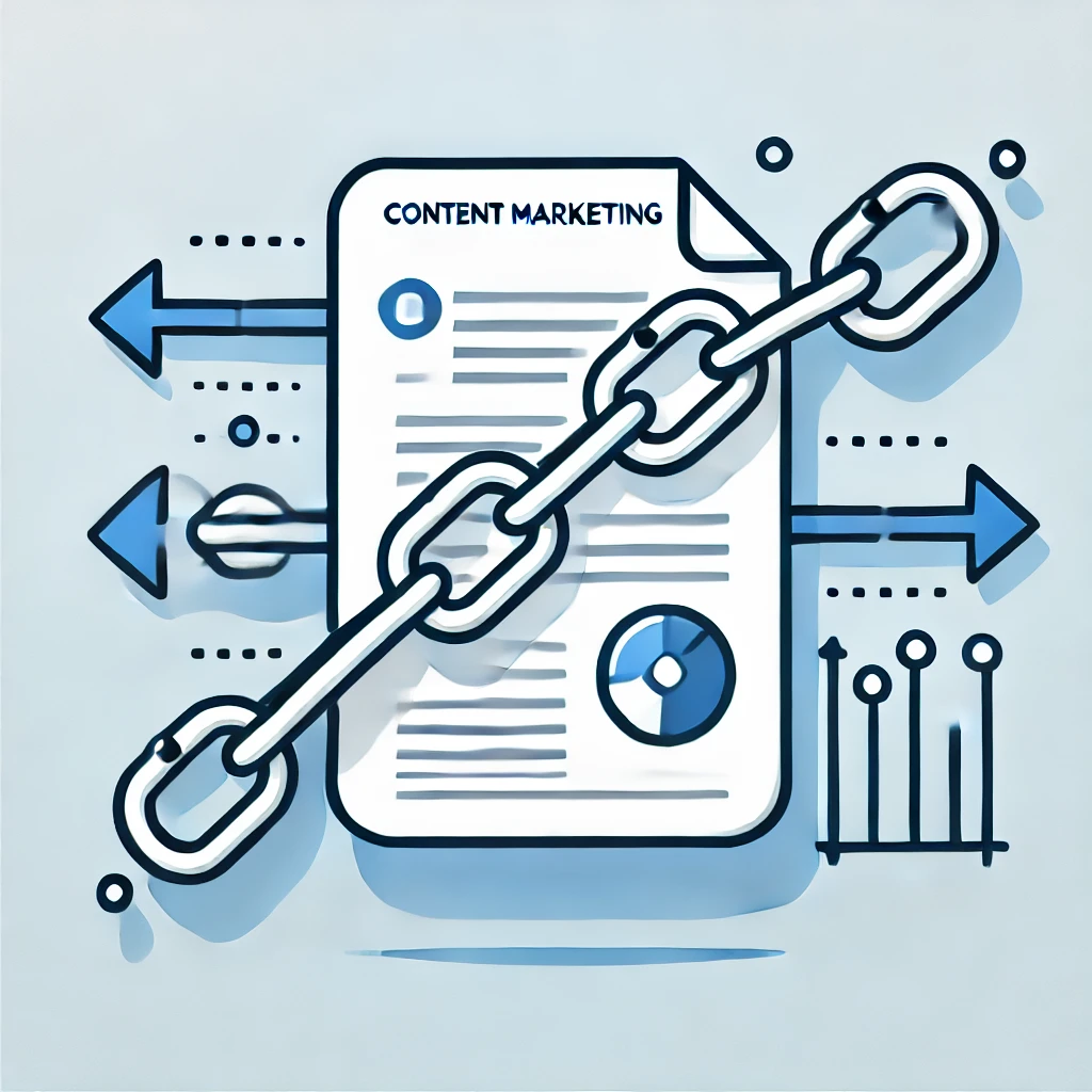 Illustration of a document labeled "Content Marketing" with chain links and arrows, representing the concept of link building in digital marketing