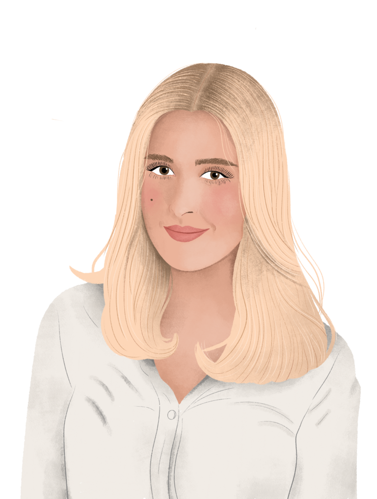 Illustration for our About Us 2023 page: A woman with shoulder-length blond hair, wearing a white shirt and smiling gently against a plain background.