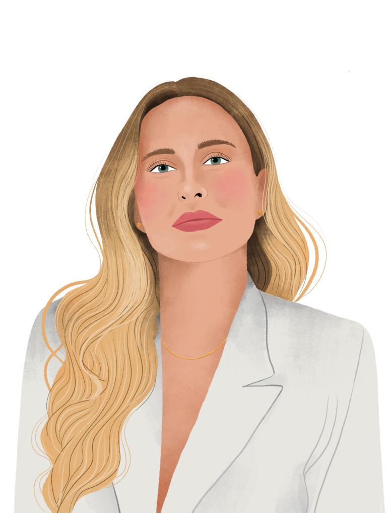 Illustration of a woman with long blonde hair, wearing a white blazer and a gold necklace, looking slightly upwards. Perfect for the About Us section in 2023.