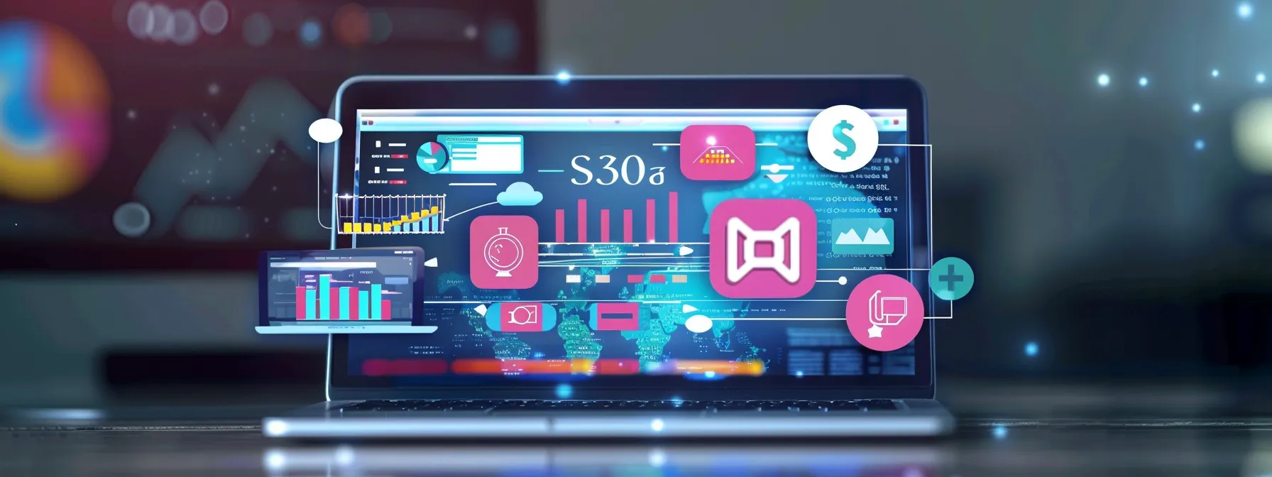 A laptop displaying data analytics and graphs. Various icons, including those for statistics, money, and charts, are floating in front of the screen, suggesting data visualization tools. An "Auto Draft" feature is subtly highlighted, emphasizing the automated generation of insightful reports.