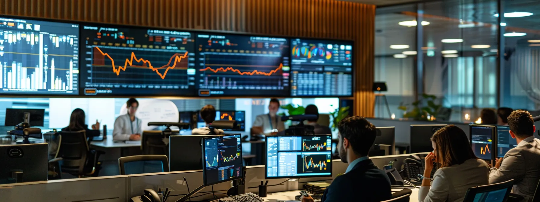 People working at desks in a modern office with multiple screens displaying financial graphs and data, implementing SEO strategies to maximize ROI.