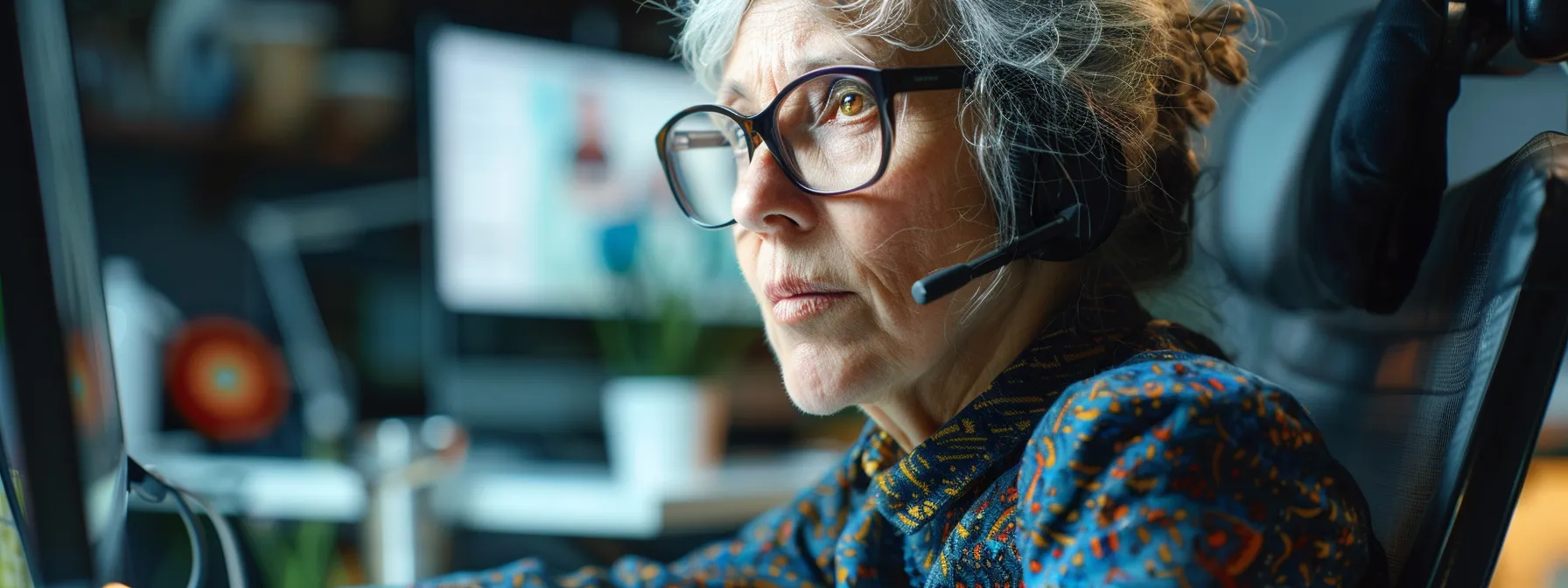 a visually impaired woman using a screen reader to access a website with descriptive alt text on images for improved accessibility.