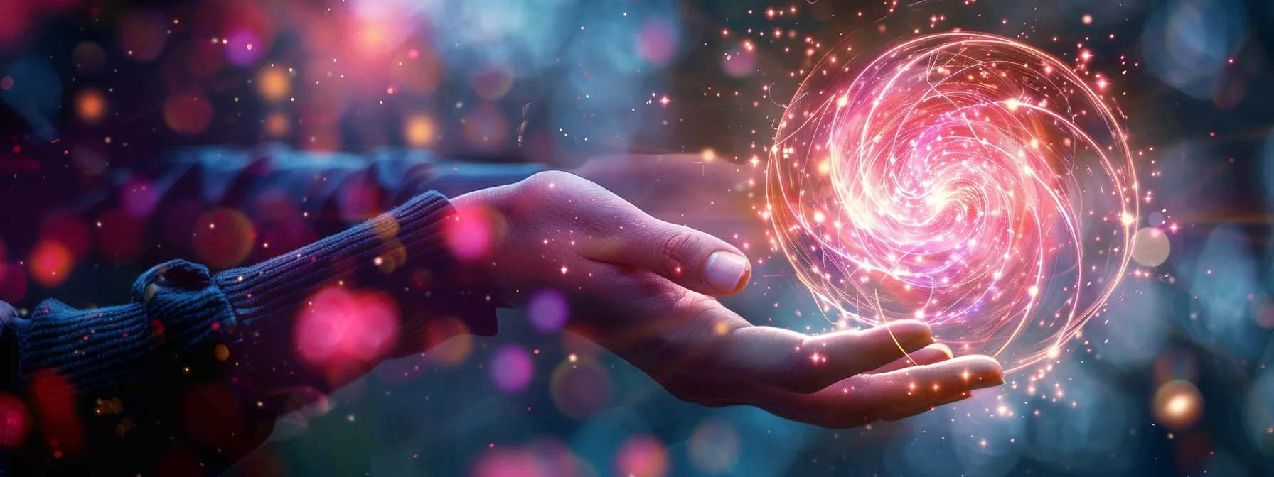 A hand holds a glowing, swirling orb of light, surrounded by colorful, abstract light particles—a visual metaphor for digital growth.