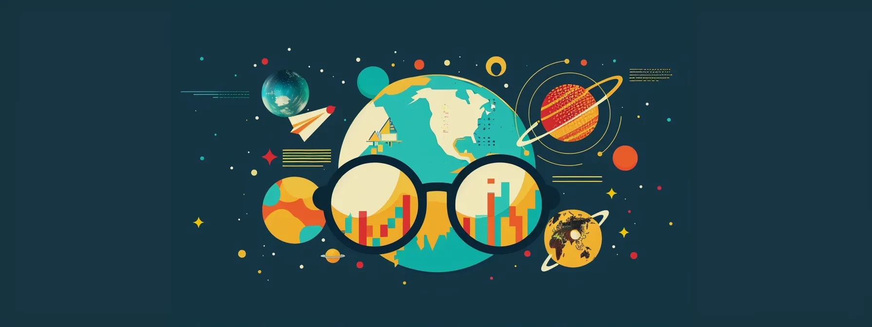 Illustration of Earth with glasses showing bar graphs, surrounded by planets, a rocket, and various scientific icons against a dark background; highlighting the benefits of holistic SEO for online presence.