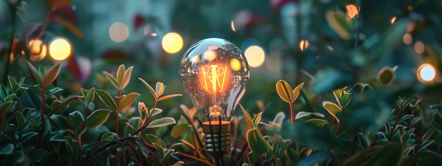 A lit incandescent light bulb is nestled among green foliage, with blurred lights glowing warmly in the background, symbolizing a comprehensive approach to SEO strategies.