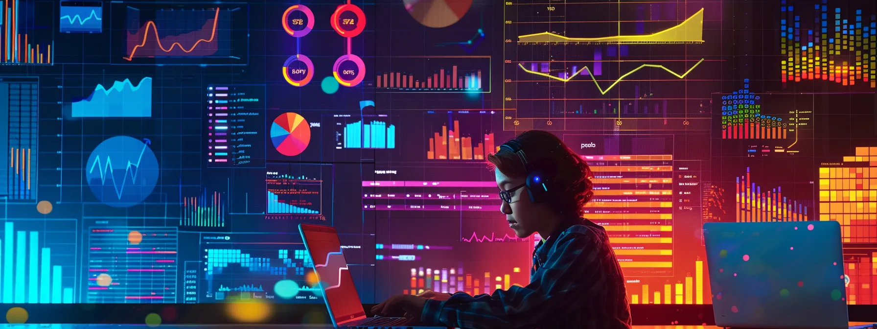 a person coding in python on a laptop surrounded by colorful graphs and charts, symbolizing efficient bulk serp backlink analysis.