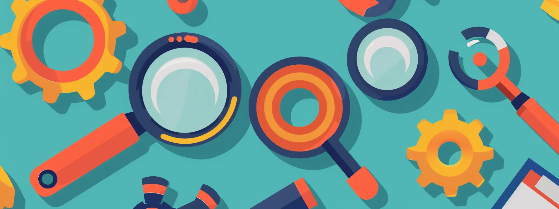 Illustration of various magnifying glasses, gears, and tools against a blue background, symbolizing future-ready holistic SEO strategies for 2024.