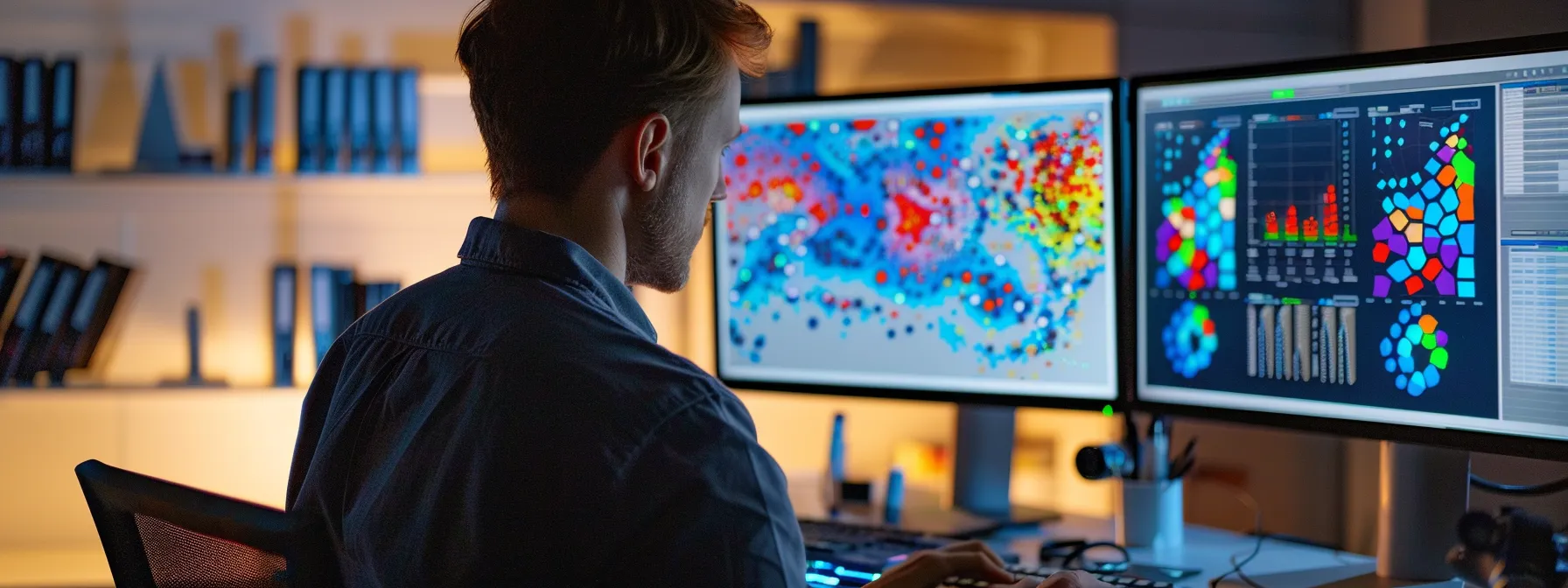 a person analyzing a colorful, complex graph on a computer screen, surrounded by data charts and graphs, showcasing their meticulous approach to bulk serp analysis.