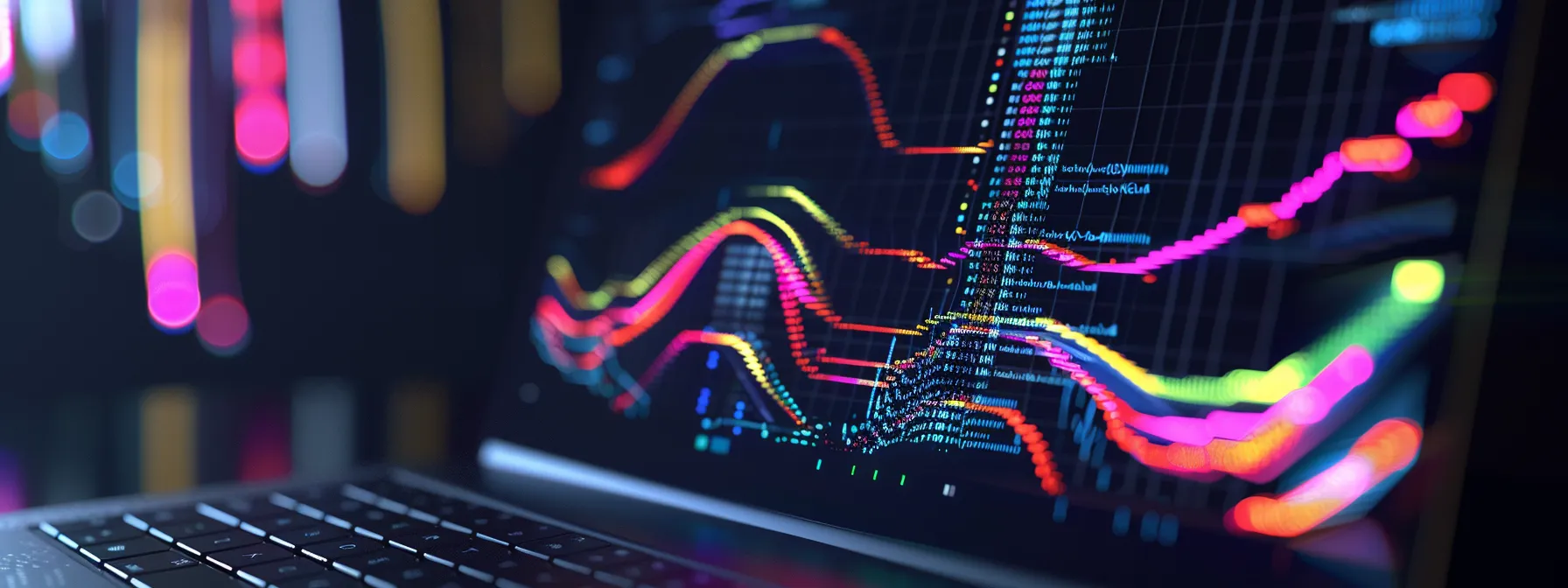 a laptop screen displaying a colorful graph of serp backlink analysis results, surrounded by lines of python code.