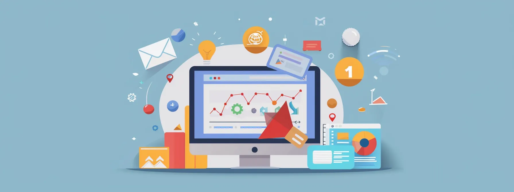 Illustration of a computer screen displaying graphs, surrounded by icons of email, lightbulb, gears, and charts. This image represents digital marketing, data analysis concepts, and essential strategies for comprehensive success on a blue background.