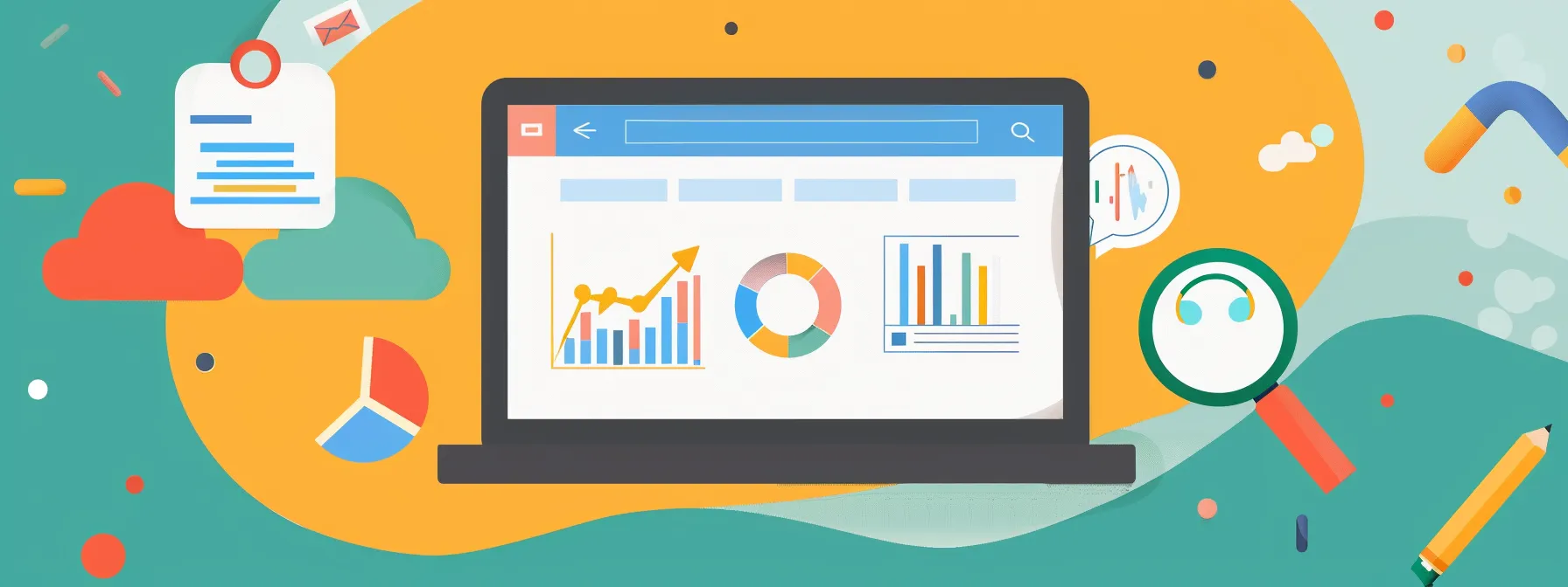 Illustration of a laptop screen displaying various analytics charts and graphs, with icons related to data analysis and holistic SEO in the background.