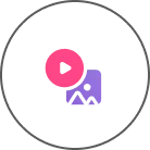 Icon depicting a small purple image with a mountain and sun, overlaid by a larger pink play button, within a circular black outline, designed to represent PPC campaigns or link building services.