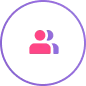 Icon of two abstract human figures inside a purple circle, with one figure in pink at the front and a smaller, overlapping figure in purple at the back, symbolizing collaboration similar to effective link building services.