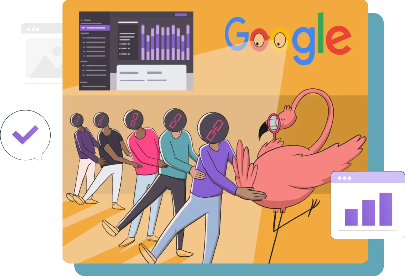 Illustration of people with number faces dancing with a flamingo in front of a Google sign, overlaid with charts and checkmark icons, promoting link building services.