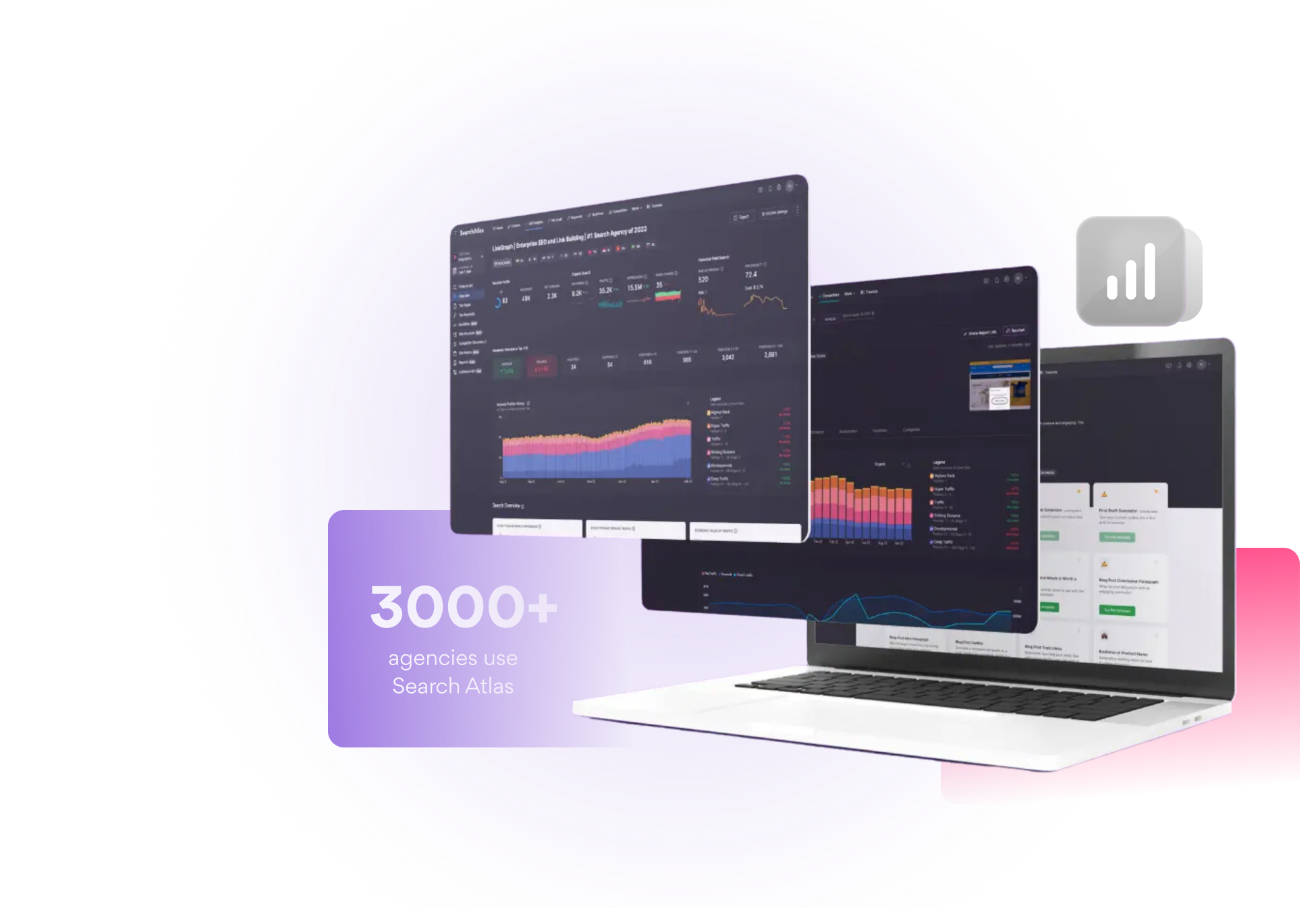 A laptop displays analytics dashboards with graphs and data, highlighting the efficiency of SEO tools. Text reads "3000+ agencies use Search Atlas" against a purple circular background.