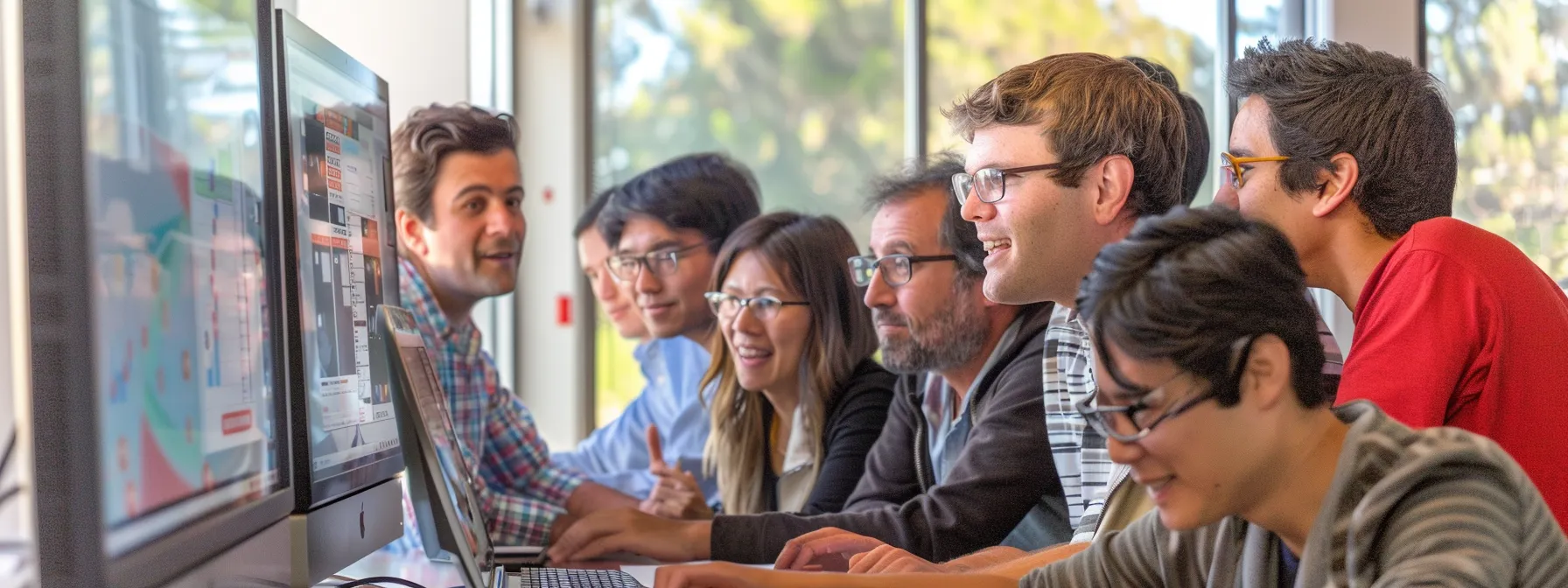 a group of seo analysts gathered around a computer screen, analyzing search performance metrics data with focused expressions.