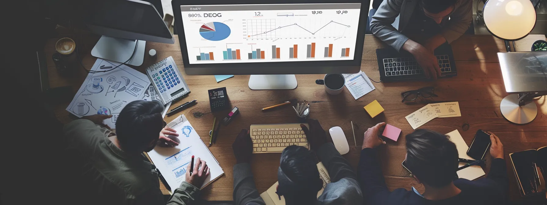 a team huddled around a computer screen, studying complex seo analytics charts and graphs, with innovative tools and technologies spread out on the desk.