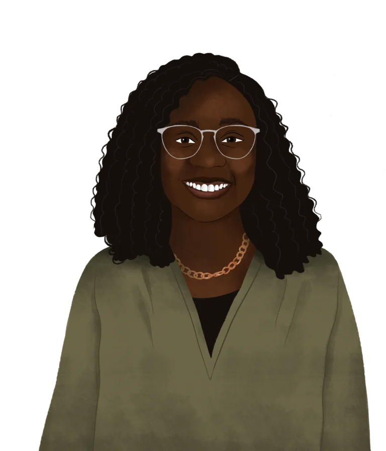 Illustration of a person with curly hair, wearing glasses and a green top, smiling at the viewer, embodying the friendly spirit of our team in 2023.