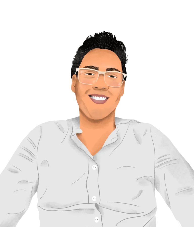 Illustration from 2023 depicting a smiling person in glasses and a white shirt, set against a plain black background, perfect for an 