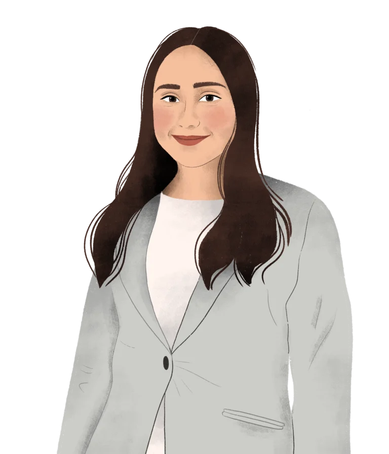 Illustration for 2023 of a smiling woman with long brown hair, wearing a light gray blazer over a white top, against a plain background. Perfect for an 