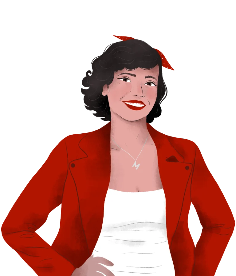 Illustration of a smiling woman with curly hair, wearing a red jacket and a red headband, and a white top. She stands confidently with her hands on her hips and wears a necklace with an 