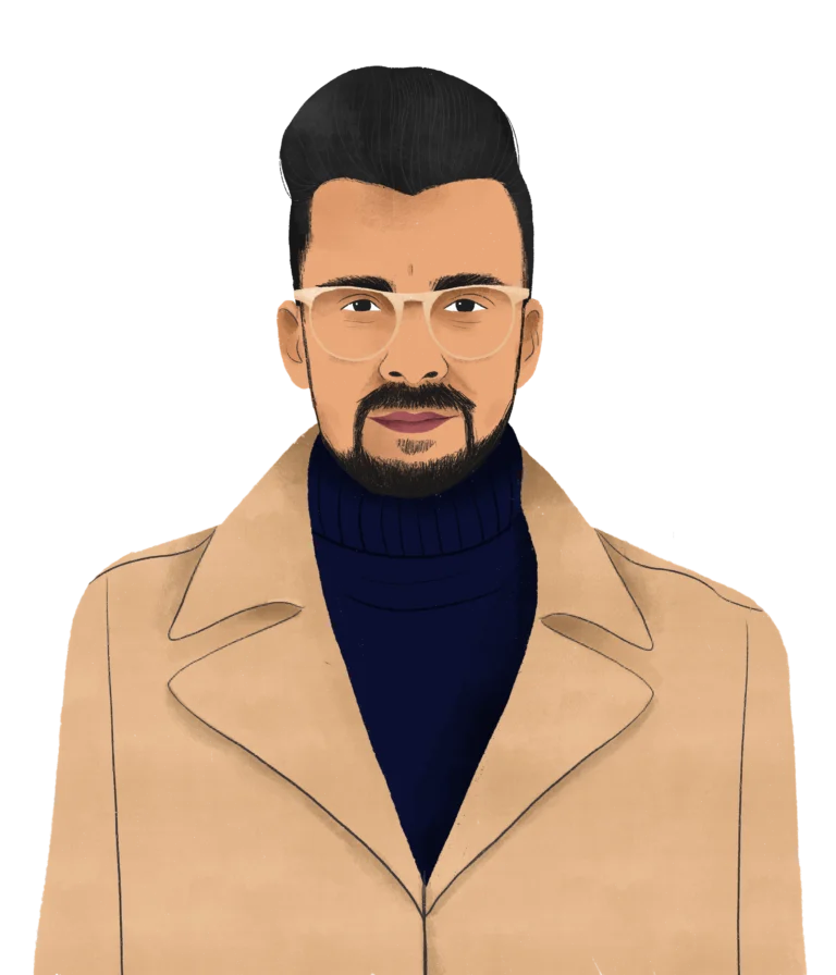 Illustration of a person wearing clear glasses, a dark turtleneck, and a beige overcoat showcases the 2023 fashion trends.