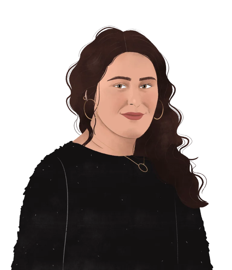 Illustration of a person with long, dark hair wearing a black top and hoop earrings, set against a plain background, embodying our 2023 vision in the 