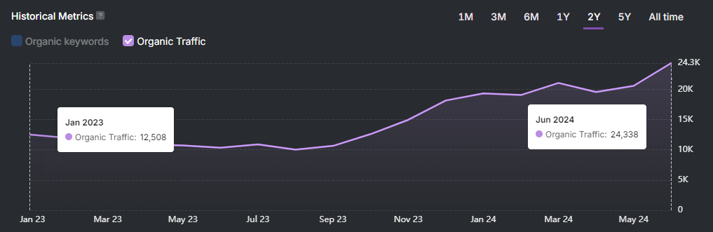 Line graph illustrating organic traffic growth from 12,508 in Jan 2023 to 24,338 in Jun 2024. Enhanced SEO strategies contribute to the upward trend of organic keywords.